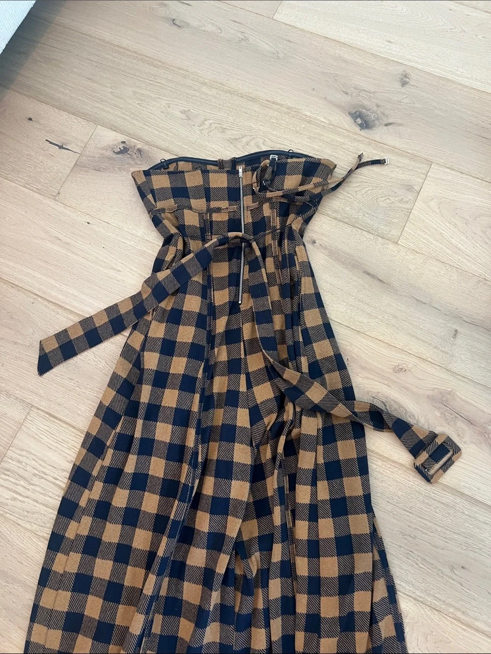 Strapless Wide-Leg Jumpsuit in Black and Tan Plaid - Picture 3 of 4
